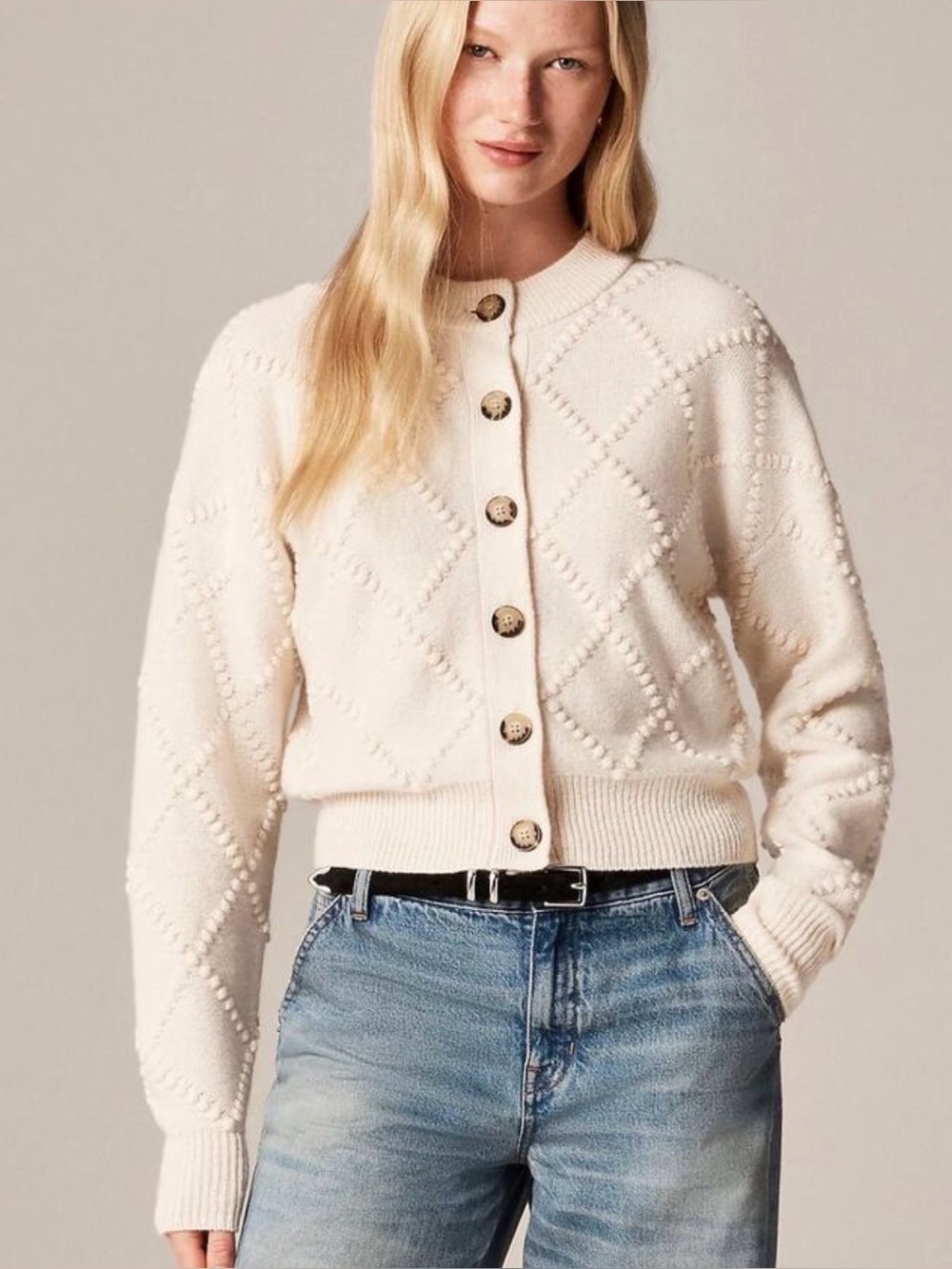 J. Crew Popcorn-stitch cardigan in vintage wool Alabaster NWT size M